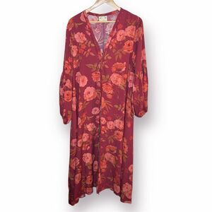 Joyfolie Brenna Dark Red Floral Maxi Longline Cardigan Balloon Sleeves Duster M